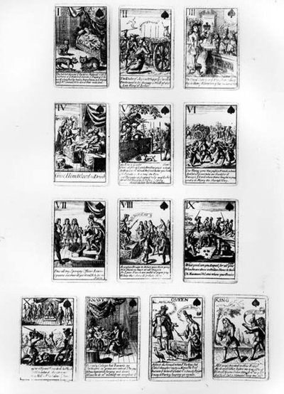 Playing Cards Commemorating the War of the Spanish Succession, with Scenes Satirizing the French Royal Family and Court by English School